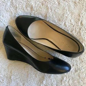 Nine West black leather wedge heels